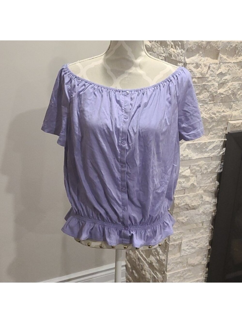 Ann Taylor purple button up top with gathered elastic waistband